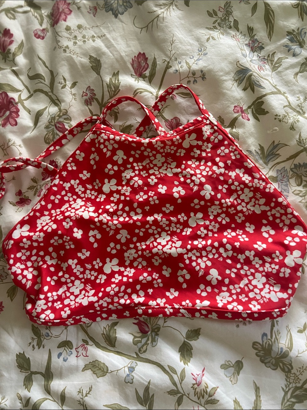 aerie Red and White Floral high neck Swim Top